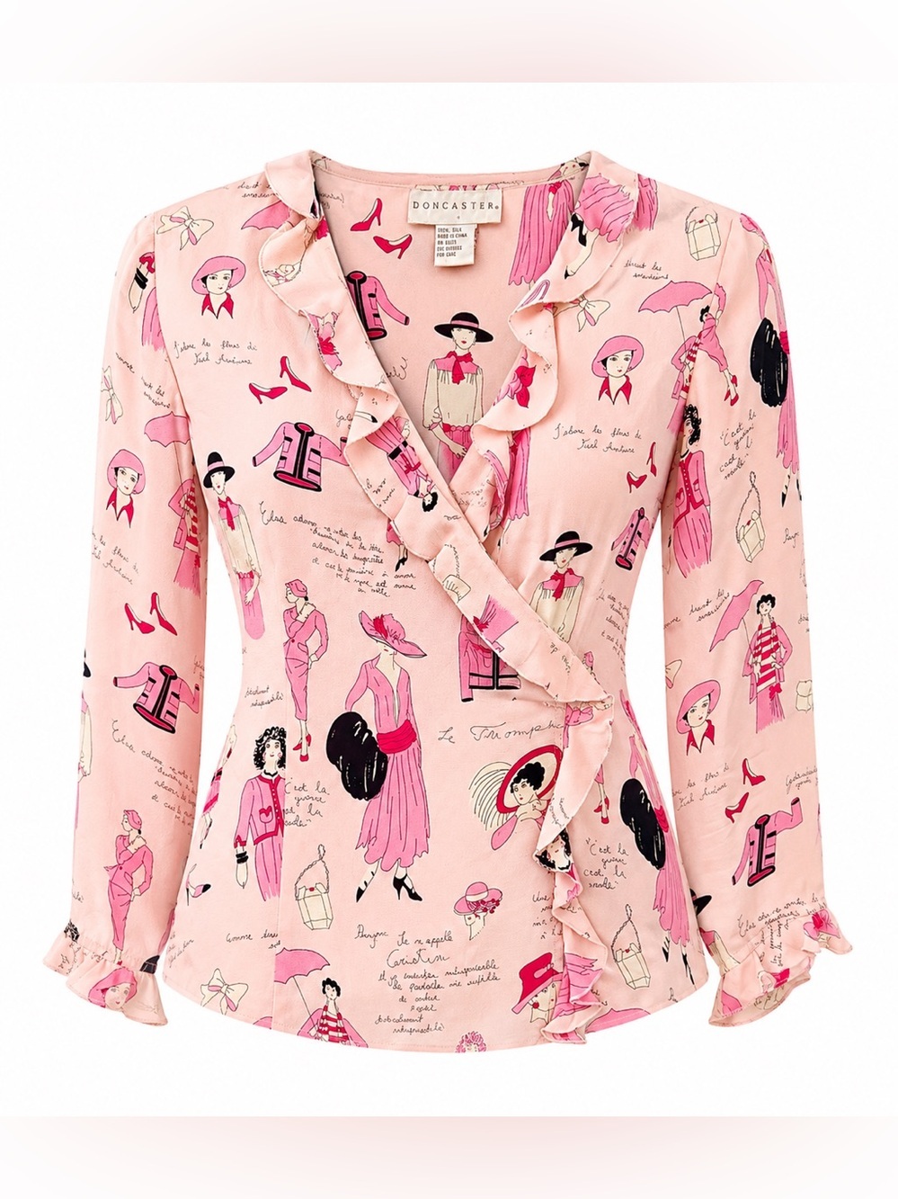 Doncaster Pink Silk Fashionista Printed Ruffled Wrap Blouse 6